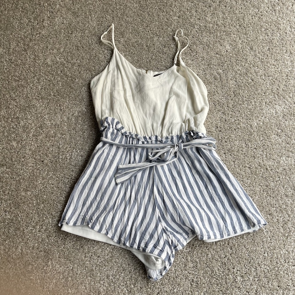 Staccato Romper Womens M Blue Striped Sleeveless Scoop Neck Belted Zip Summer